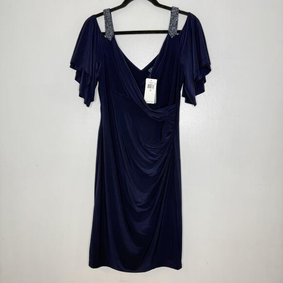 Ralph Lauren Dress Womens 12 Navy Blue Beaded Straps Flutter Sleeve Midi Gown - Picture 1 of 9